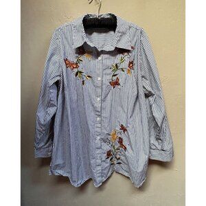 Quacker Factory Womens Embroidered Striped Button Down Shirt Size 1X Black White